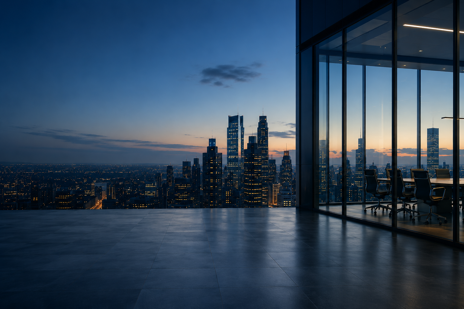 Corporate skyline and boardroom hero image